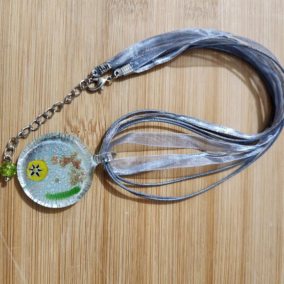 Hand Crafted Ribbon Cord Pendant Necklace Dichronic Glass Gray Turquoise - Picture 4 of 6